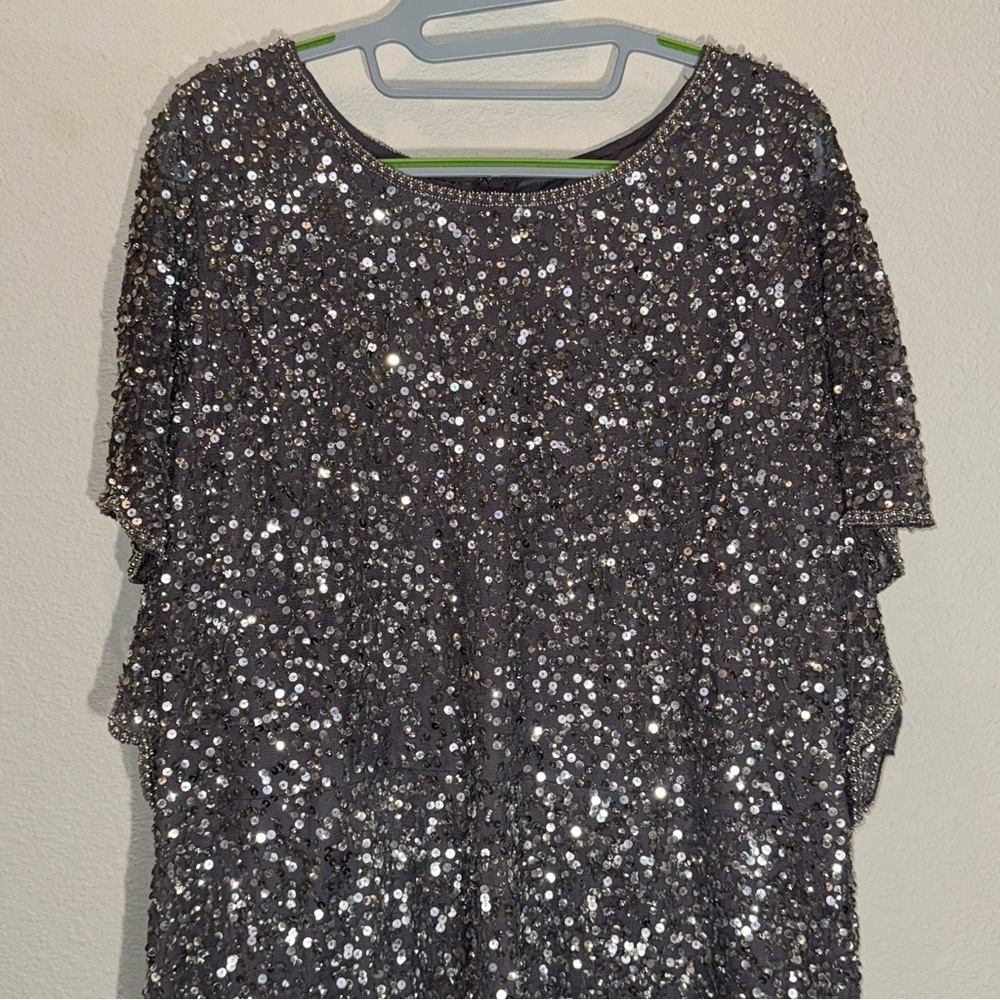 Adrianna Papell 18W Plus Gunmetal Sequin Sheath Midi Dress scalloped edges - Picture 3 of 16